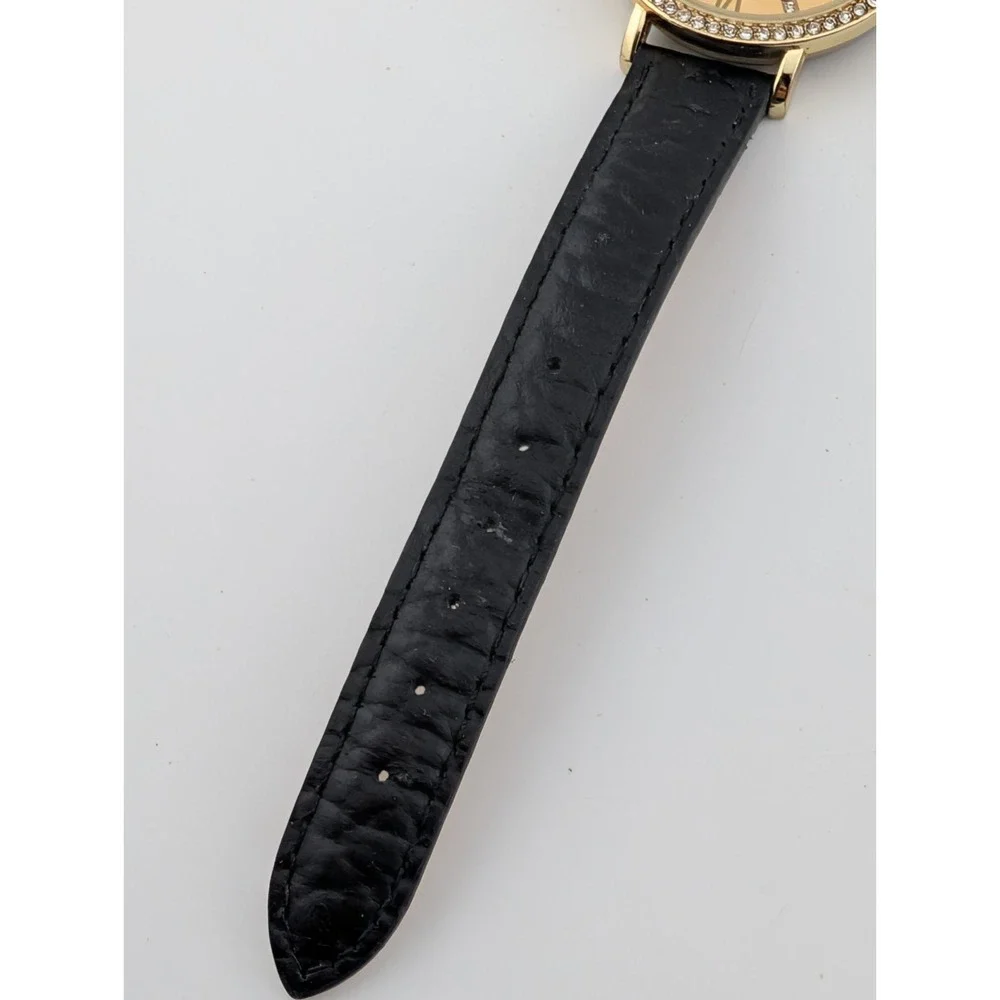 Women's Quartz Watch 38mm Gold Case Crystal Bezel Black Leather Band New Battery